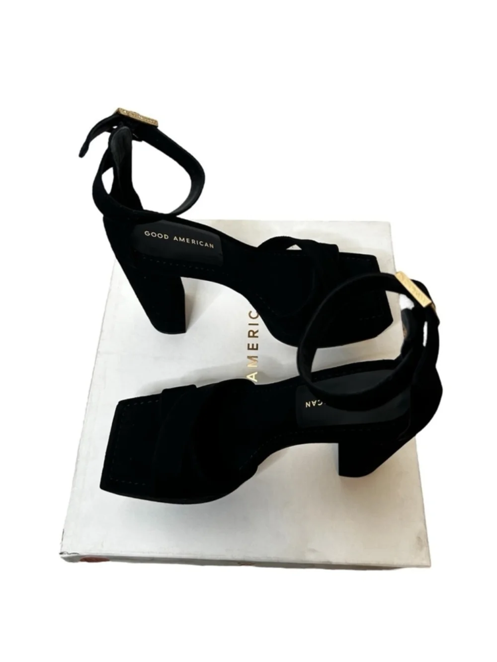 Good American Black Suede Ankle Strap Chunky Platform Sandal Heels Size 9